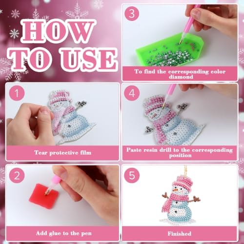 Ferraycle 12 Pcs Diamond Art Christmas Ornaments Snowman Diamond Painting Kit 5d DIY Art Keychains Winter Hanging Ornaments for Kids Winter Home Crafts Decorations(Pink)