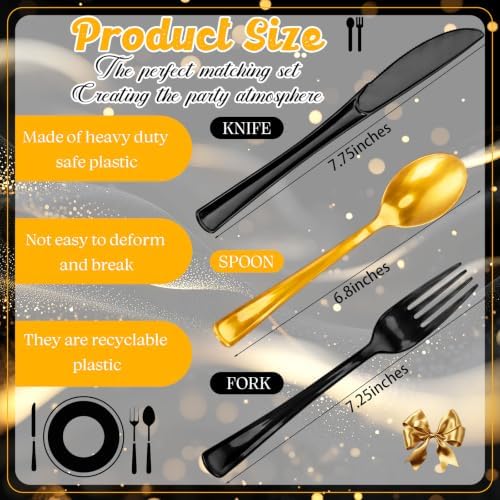 Minatee 180 Pcs Black and Gold Party Plastic Silverware Heavy Duty Cutlery Sets Disposable Utensils for Holiday Birthday Themed Party Supplies, 60 of Each Forks Knives Spoons