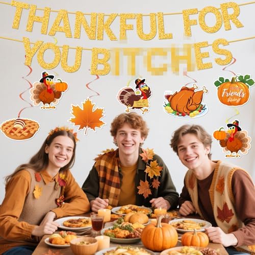 Pre-Assembled Girly Friendsgiving Party Decorations with Hanging Swirls, Gold Glitter Thanksgiving Banner for Friendsgiving Party Decorations Indoor Home Office