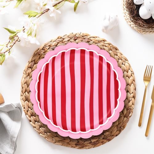 JarThenaAMCS 30Pcs Stripe Paper Plates 9 Inch Red Pink Scalloped Disposable Dinner Plate for Valentine's Day Wedding Summer Cherry Theme Party Table Decor