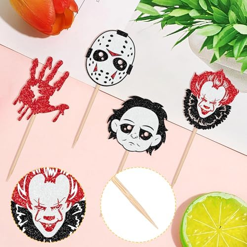 24 PCS Halloween Horror Movie Cupcake Toppers Red Bloody Hand Halloween Cupcake Picks Have a Killer Birthday Cake Decorations for Hallween Horror Classic Movie Characters Theme Party Supplies