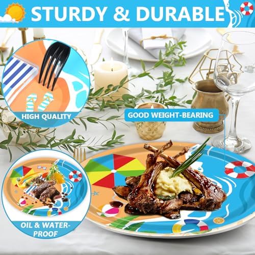Qyeahkj 50 PCS Beach Oval Paper Plates Large 11” Disposable Pool Party Decorations Summer Platters Tableware Supplies Favor for Summer Hawaiian Luau Party Tableware Set