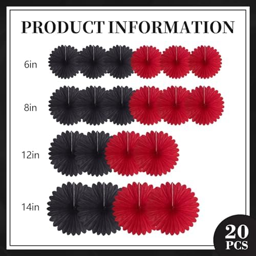 20 Pcs Black Red Hanging Paper Fan, Hanging Honeycomb Round Paper Fans for Weddings, Birthdays, Christmas, Baby Showers, Classroom, Events Ceiling Party Supplies Decorations