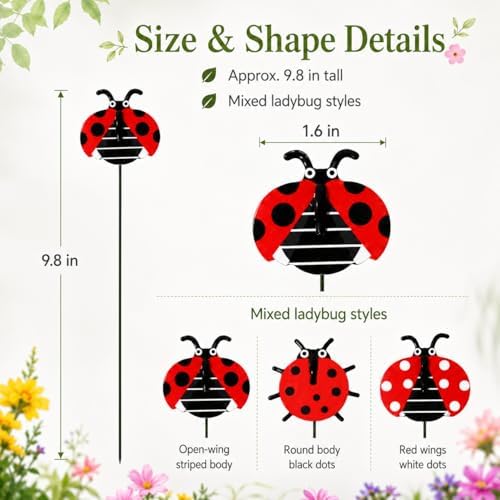RAINFLOW 30 PCS Ladybug Garden Stakes - 25cm Red 3D Plant Picks for Pots