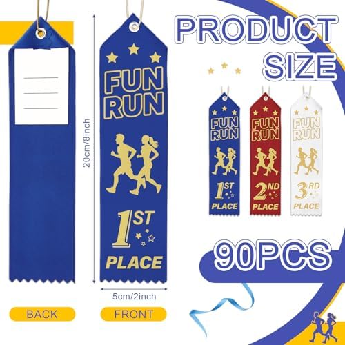Thiccywoov 90 Pcs Fun Run Ribbons for 1st, 2nd, 3rd Place, 8" x 2" Fun Run Award Ribbons with Event Card and String for Sports Event, Competition Prize Gift, Contest Ornaments