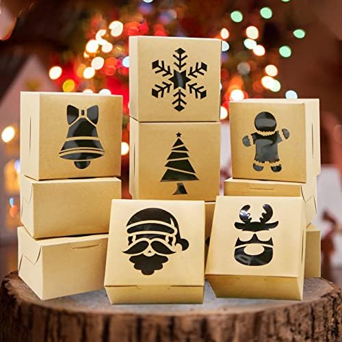ZMCINER 24 Pieces Christmas Cookie Boxes Christmas Bakery Box with Window for Pastries, Cupcakes, Brownies, Cookies,Donuts, Brown Kraft Bakery Boxes 4"x 4"x 2.5"