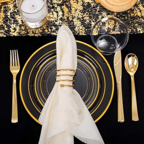 WELLIFE Clear Plates with Gold Trim, 600-Piece Plastic Dinnerware Set