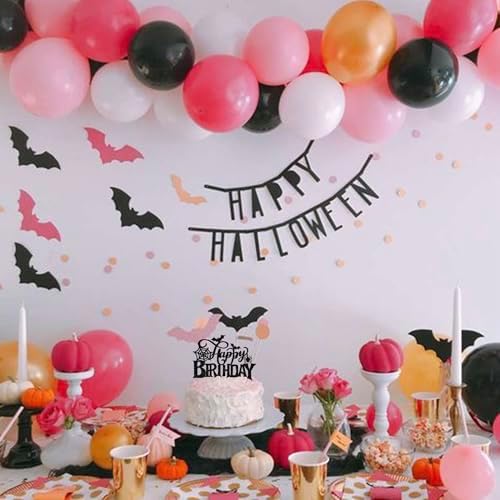 1 PCS Halloween Happy Birthday Cake Topper Black Glitter Spider Web Bat Cake Pick Halloween Party Decorations for Baby Shower Kids Birthday Party Cake Decorations Supplies
