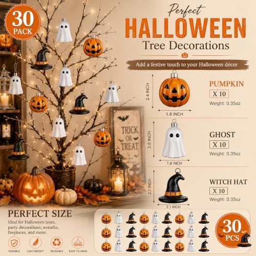 VioraWhite 30 Pcs Halloween Hanging Ornaments Cute Sliver Ghost, Gold Pumpkin and Witch Hat Lantern Home Decoration Mini Plastic Halloween Tree Decorations for Holiday Party Decor