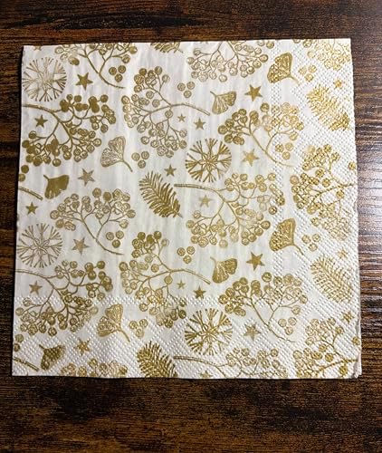 IHR Ideal Home Range Party Napkins Disposable 3-Ply Paper Lunch Napkin Pack, 6.5" x 6.5", Bright Winter Branches (Cream & Gold), 20-Count