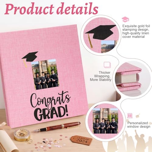 Fumete Pink Class of 2026 Graduation Album Self Adhesive Photo Scrapbook 40 Pages 11.5 x 10.5 Inch Linen Memory Book with Cover Display Window DIY Album for School College Graduate Party Gift