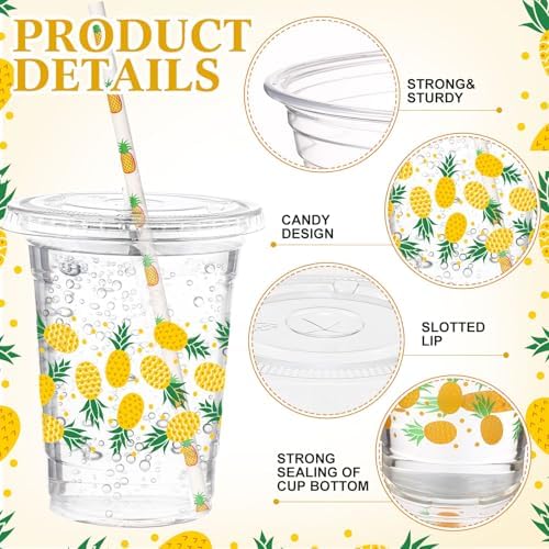 Funnymoom 50 Sets Pineapple Disposable Plastic Cups Bulk with Lids Straws 16 oz Hawaii Luau Clear Plastic Cups Yellow Fruit Themed Party Favors for Baby Shower Birthday Summer Tropical Party