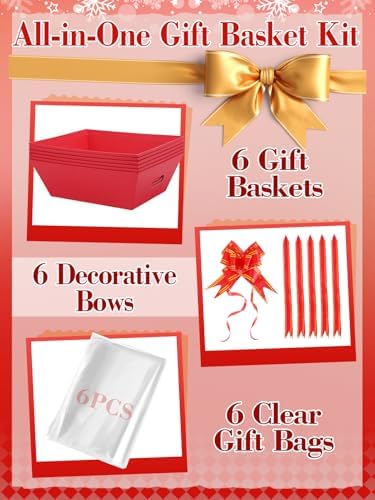 Beeplove 6 Sets Large Thick Kraft Baskets for Gifts Empty - Gift Baskets Empty Kit with Cellophane Wrap and Pull Bows for Wedding Birthday Bridesmaid Baby Shower, Red