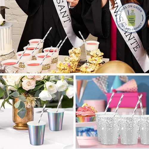 Silver and White Striped Paper Straws, 7.75 inch Disposable Drinking Straws for Cocktails, Brithday, Weddings - 100% Biodegradable & Compostable
