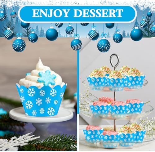 Domensi 100 Pcs Winter Snowflake Cupcake Liners, Blue Cupcake Wrappers