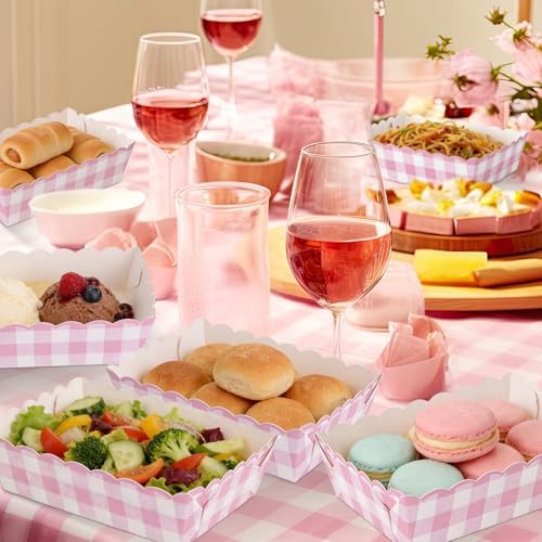 Funnymoom 48 Pcs Gingham Party Supplies Pink Plaid Paper Food Trays