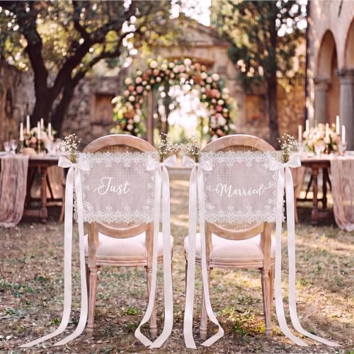 Breling 2 Pcs Lace Wedding Chair Sign Back Banner, White, Just Married4