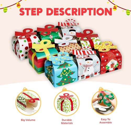JOYIN 24 PCS 3D Christmas Goody Gift Boxes with Bow for Holiday Xmas Goodie Paper Boxes, School Classroom Party Favor Supply, 6” x 6” x 5.5” 8 Designs Candy Treat Cardboard Cookie Box for Gift Giving