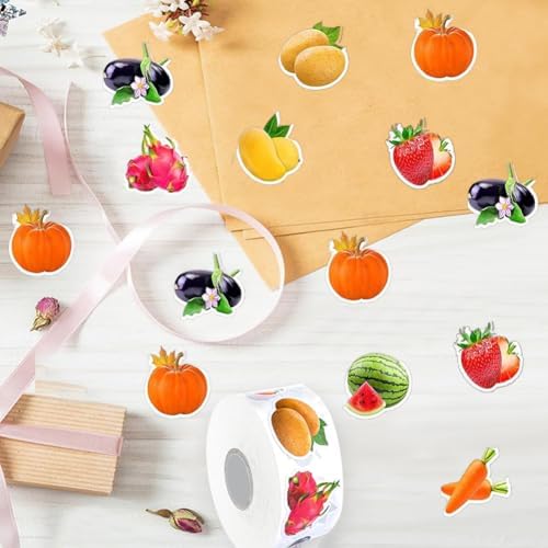 500PCS Fruit Stickers Rolls 8 Styles Summer Fruits and Vegetables Sticker 1in Self-Adhesive Waterproof Vinyl Stickers Decor for Birthday Party Envelopes Scrapbook Decorations