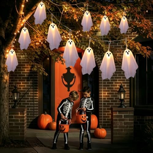 Halloween Lights Outdoor Indoor 10FT 10 LED 3D Ghost Lights Halloween String Lights Battery Operated Ghost Garland with Lights, Halloween Decorations for Mantle Fireplace Porch Yard Window Party Decor