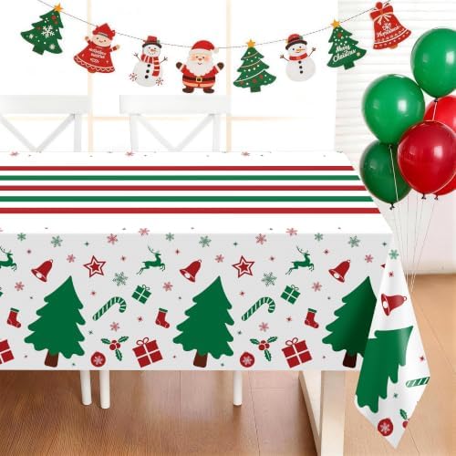 Childom 3 Pack Christmas Tablecloth,Christmas Decorations 54"x108" Disposable Plastic Table Cover for Rectangular Tables,Xmas Tree Table Cloth for Home,Dinner,Indoor,Holiday,Birthday Party Supplies