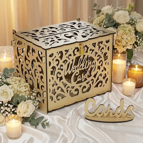 Jolik Wedding Card Box with Sign, Large Rustic Locking Money Box Holder for Wedding Reception, Gift Card & Envelope Storage, DIY Anniversary & Birthday Party Decoration (Yellow)