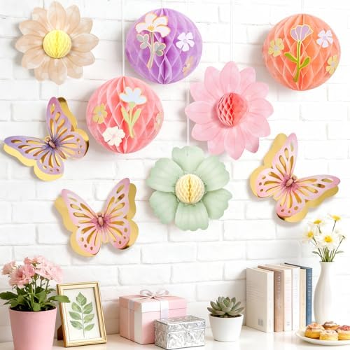 Paper Jazz Pastel Butterfly Decorations Hanging Paper Flowers Honeycomb Birthday for Fairy Party,Spring Theme Decor for Wildflower First Birthday,Tea,Garden Party,Classroom,Bulletin Board