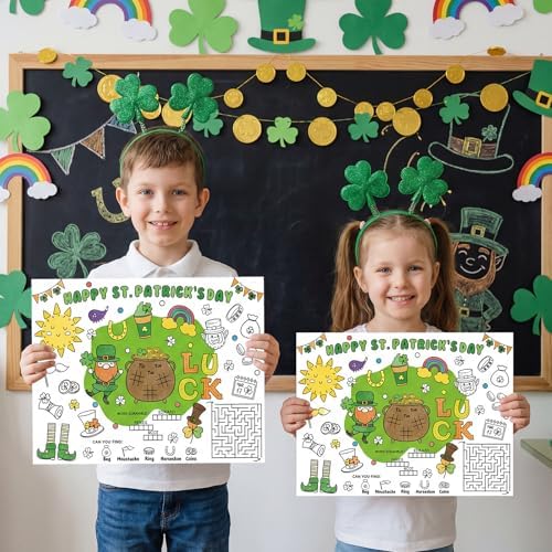 45pcs St. Patrick's Day Disposable Coloring Placemats Irish Crafts for Kids Party Favors Coloring Poster Holiday Party Supplies School Classroom Activities Paper Table Mats