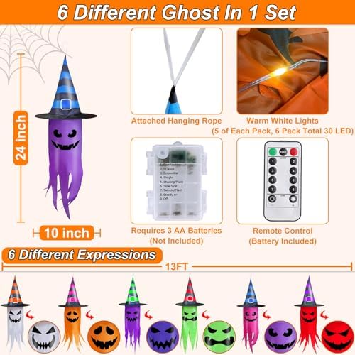 Remote Control 6 PCS Halloween Hanging Ghosts Outdoor Decor with Lights