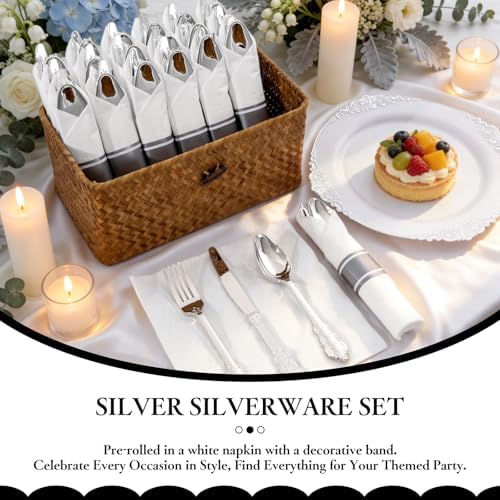 400PCS Pre Rolled Silver Plastic Silverware Sets Fancy for Wedding