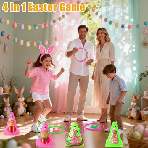 4 in 1 Easter Outdoor Games for Kids and Family, Easter Party Game with Ring Toss, Plastic Cones, Bean Bags, 3-Legged Race Bands, Carnival Spring Games Activities Combo Set for Adult Yard Classroom