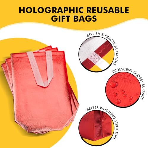 RACETOP 15Pcs Red Holographic Reusable Gift Bags with Handles, 8x4x10 Inch