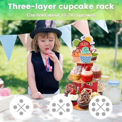 Farm Decor Cupcake Stand - 3 Tier Cupcake Tower Farm Animal Decorations Dessert Holder for Table Display Farmhouse Party Decor