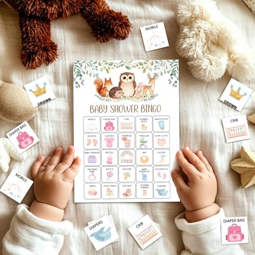 Woodland Baby Shower Bingo Game for Adults, 24 Players Animals Baby Shower Bingo Cards, Fun Gender Reveal Party Game for Family, Large Group Baby Shower Party Activities Supplies