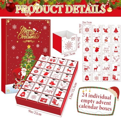 Christmas Advent Calendar Boxes 2025 Red Empty Advent Calendar to Fill Yourself, 24 Days of Christmas Countdown Boxes with 24 Drawers for Kids Adults Personalize with Treats Winter Holiday Xmas Gift