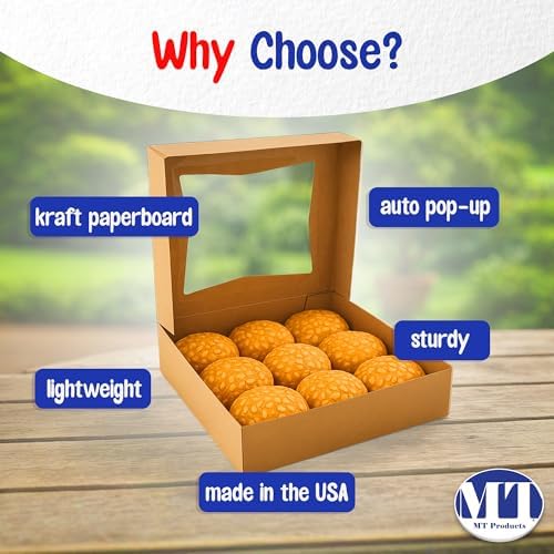 MT Products Kraft Cookie Boxes 8" x 8" x 2.5" - Auto Pop-Up Bakery Boxes with Window (Pack of 200) - Made in USA