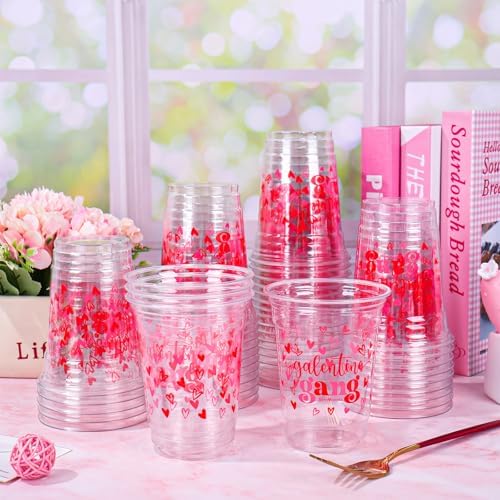 Whaline 50 Pcs 12 Oz Galentines Day Disposable Cup Plastic Party Cup Galentines Gang Heart Clear Glasses for Girls Ladies Valentine's Day Party Coffee Juice Drink Supplies Decorations