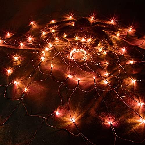 FUNPENY Halloween 80 LED Orange Spider Web Lights with Spider, Battery Powered 8 Modes Light up Cobweb Halloween Decorations for Indoor Ourdoor Garden Yard Home Patio (Orange)