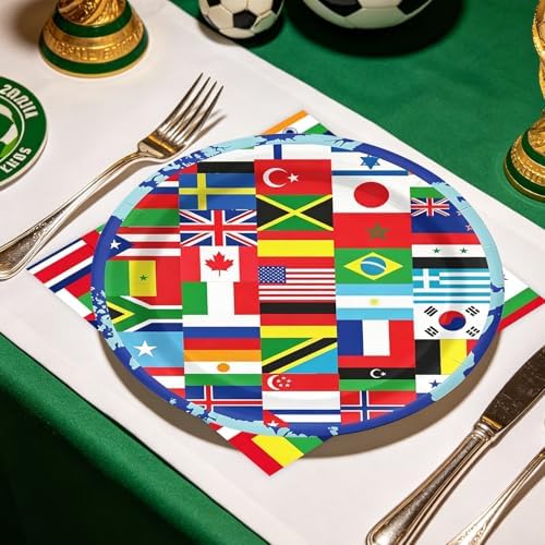 50Pcs International World Flags Plates and Napkins Party Supplies, Disposable Soccer Game Paper Plates Napkins Tableware Set for Travel Trip Around the Globe Sports Soccer Events 2026 Decorations