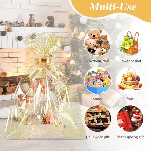 COQOFA 10 Pieces Large Cello/Cellophane Bags 18x30 Inches Clear Basket Gift Bags Gold Star Printed OPP Plastic Cellophane Wrap for Baskets Gift Packaging with Gold Pull Bows