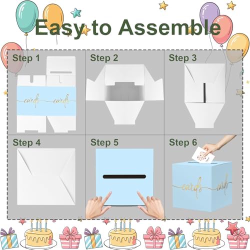2 Pack Light Blue Card Box with Gold Foil Design, Paperboard 8.7" Card Box for Birthday Wedding Party Graduation Retirement Anniversary Valentine's Day & Baby Showers, Raffle or Money Box