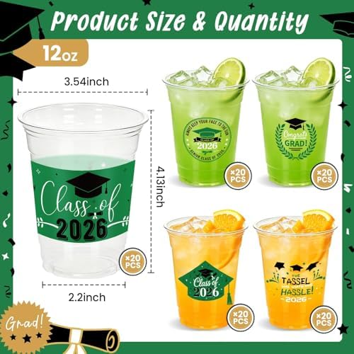 100 Pack 12oz Green Graduation Decorations Cups, Class of 2026 Disposable Plastic Cups, Sturdy & Durable Tableware for High School College Grad Party Decorations Supplies