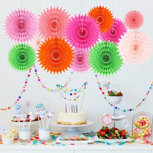 BestoFun 12 PCS Paper Fans Red Green Pink Party Decorations Tissue Paper Flowers Decorations for Girl Groovy Birthday Baby Shower Wedding Bachelorette Room Wall Hanging Décor