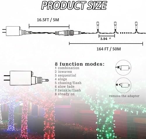 FUNPENY 164FT 500 LED Christmas Indoor Outdoor Decorative String Lights, 8 Modes Waterproof Green Wire LED Fairy Light for Christmas Party Wedding Garden Home Decoration (Warm White)