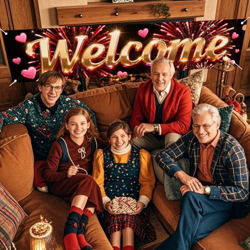 Nuxovilar Welcome Home Banner Golden Red Firework 17.7x78.7 Polyester