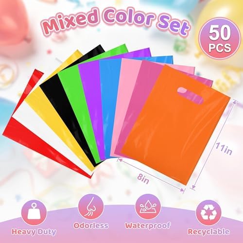 VieFantaisie 50 PCS Party Favor Bags, 8" x 11" Goodie Bag for Candy Treat Crafts, Plastic Gift Bags Bulk with Handle for Birthday Party, School Events, Thanksgiving, Christmas, Halloween, 10 Colors