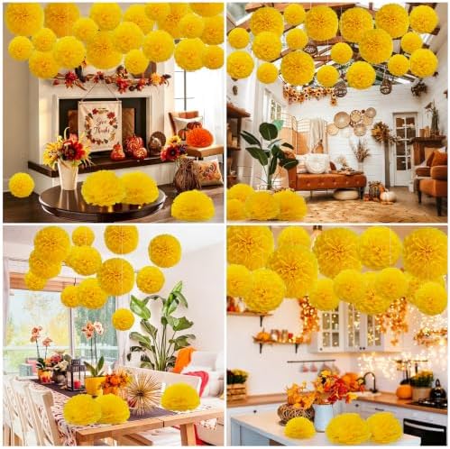 Recosis Yellow Party Decorations, 18 Pcs Paper Pom Poms Decorations