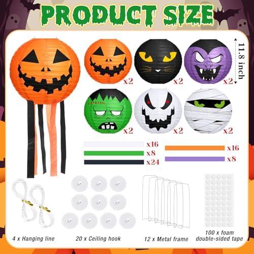 VIHOSE 12 Pcs Halloween Hanging Decorations Paper Lanterns, Jack-o-Bat Lanterns with Tassels Halloween Lantern Decorative for Indoor Outdoor Party Trick-or-Treat Event Supplies