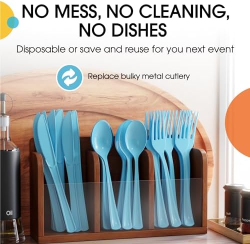 Party Solids Light Blue Plastic Silverware 150 Pcs Light Blue Cutlery Set