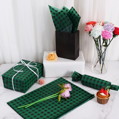 BEISHIDA Christmas Gingham Tissue Paper Bulk, Black and Green Buffalo Plaid Wrapping Tissue Paper for Gift Bags, 14 x 20 Inch Gift Wrap for Christmas Party DIY Crafts Decor Holiday Flowers-50pcs